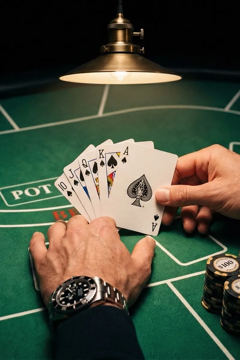 Mesa de póker iluminada en una sala de casino con fichas y cartas sobre el tapete verde